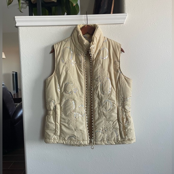 Cowgirl Up Jackets & Blazers - Unique Vintage Western Nylon Puffer Vest w/ Rhinestones & Sequins